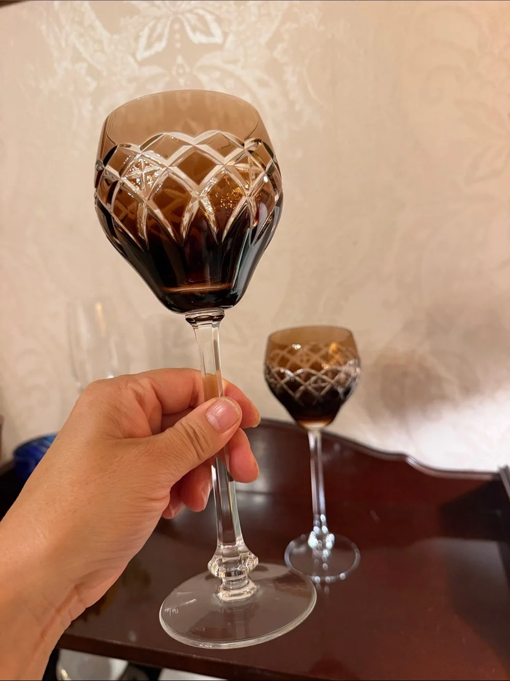 Pair Vintage Cut to clear Glass Wine Goblets